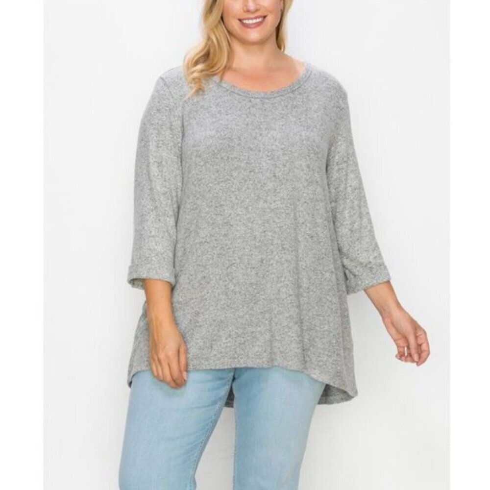 Boutique Coin 1804 Heather Gray Button Back Long Sleeve Knit Top 1X